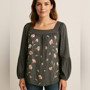 LC Lauren Conrad Gray Distressed Floral Long Sleeve Top Size M